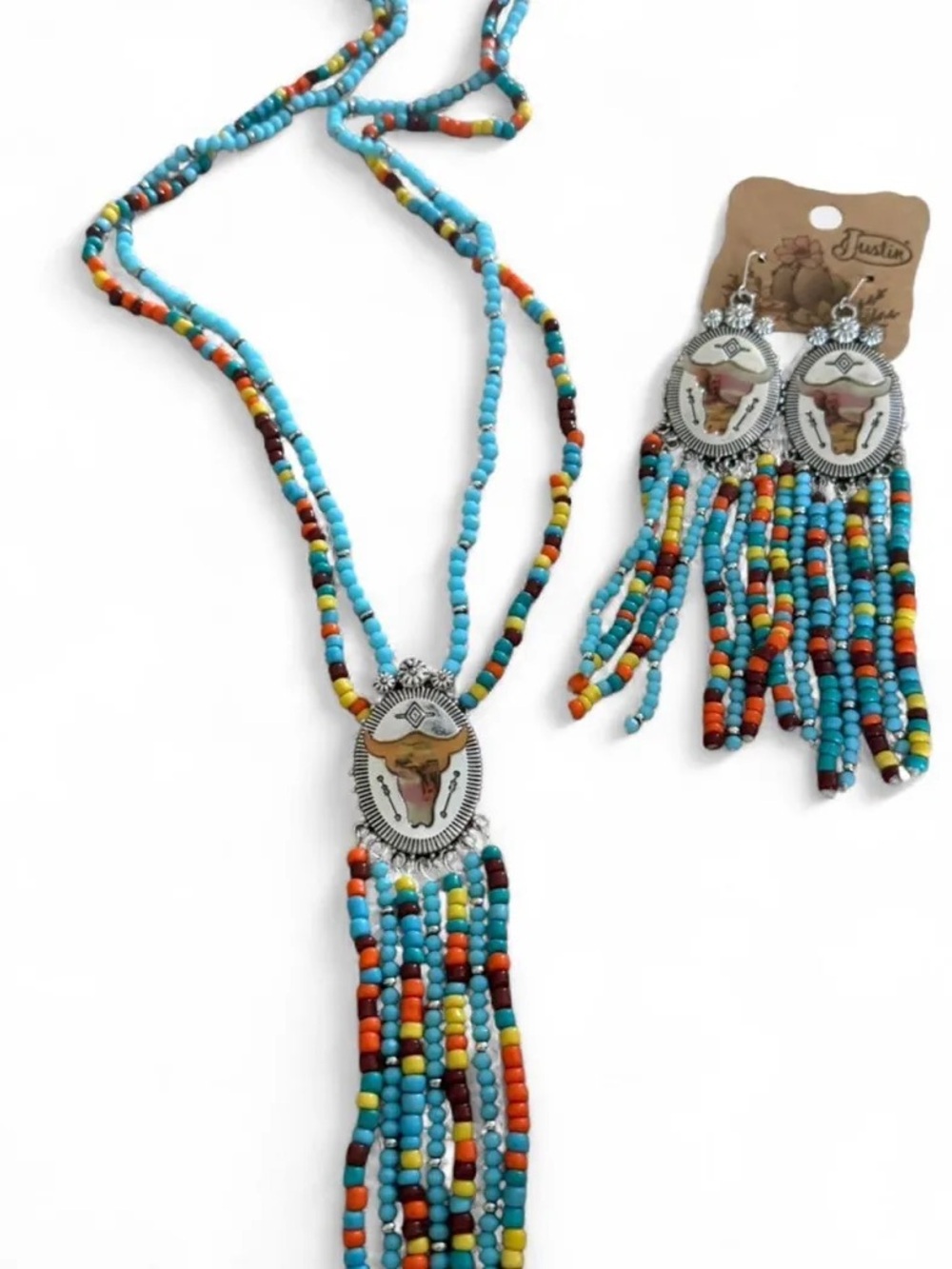 Justin Boots Turquoise Multi-Color Beaded Fringe Necklace and Earrings Set